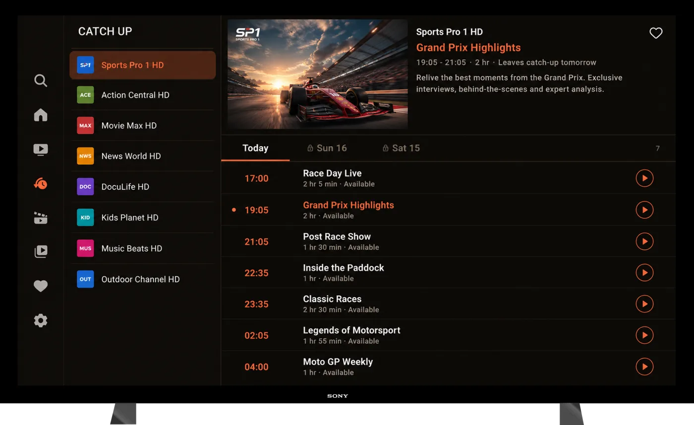 TV — catch-up schedule showing a day-by-day replay list for a sports channel